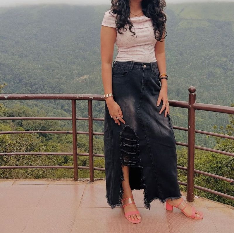 Distressed Denim Maxi Skirt