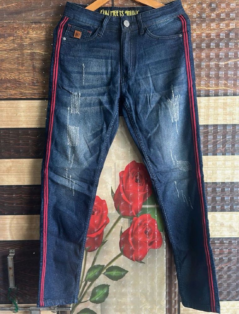Men's Distressed Blue Jeans with Red Stripes