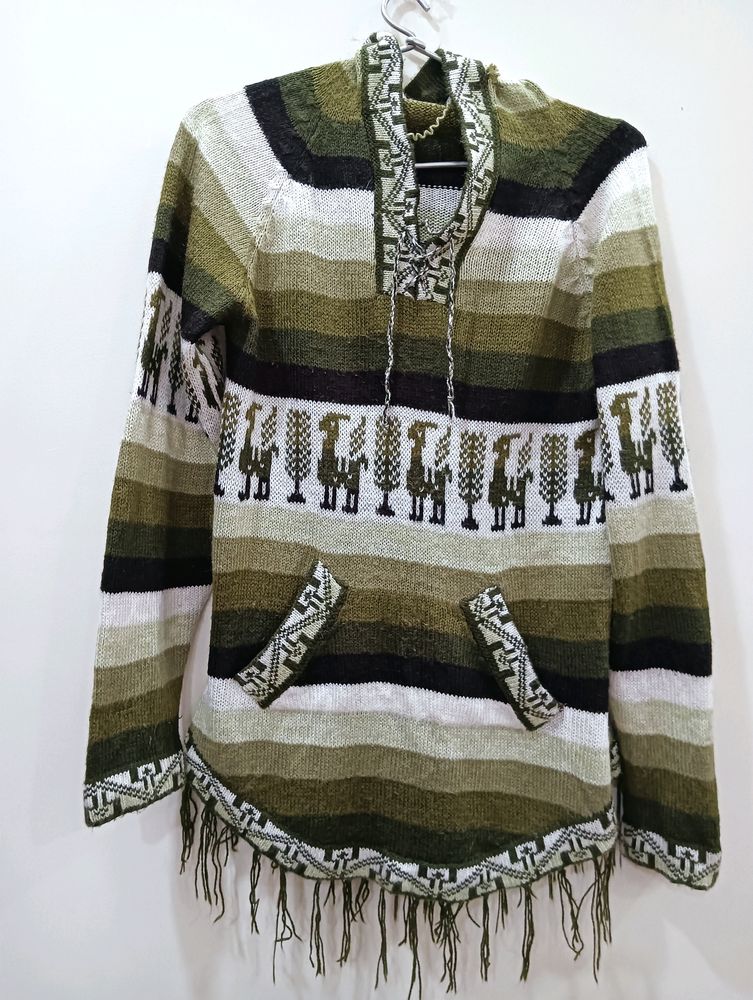 Multi Green Colour Woolen Hoodie Top
