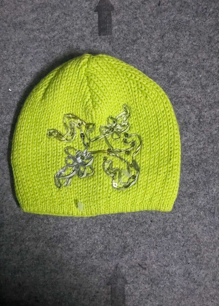 Neon Green Knit Beanie with Applique