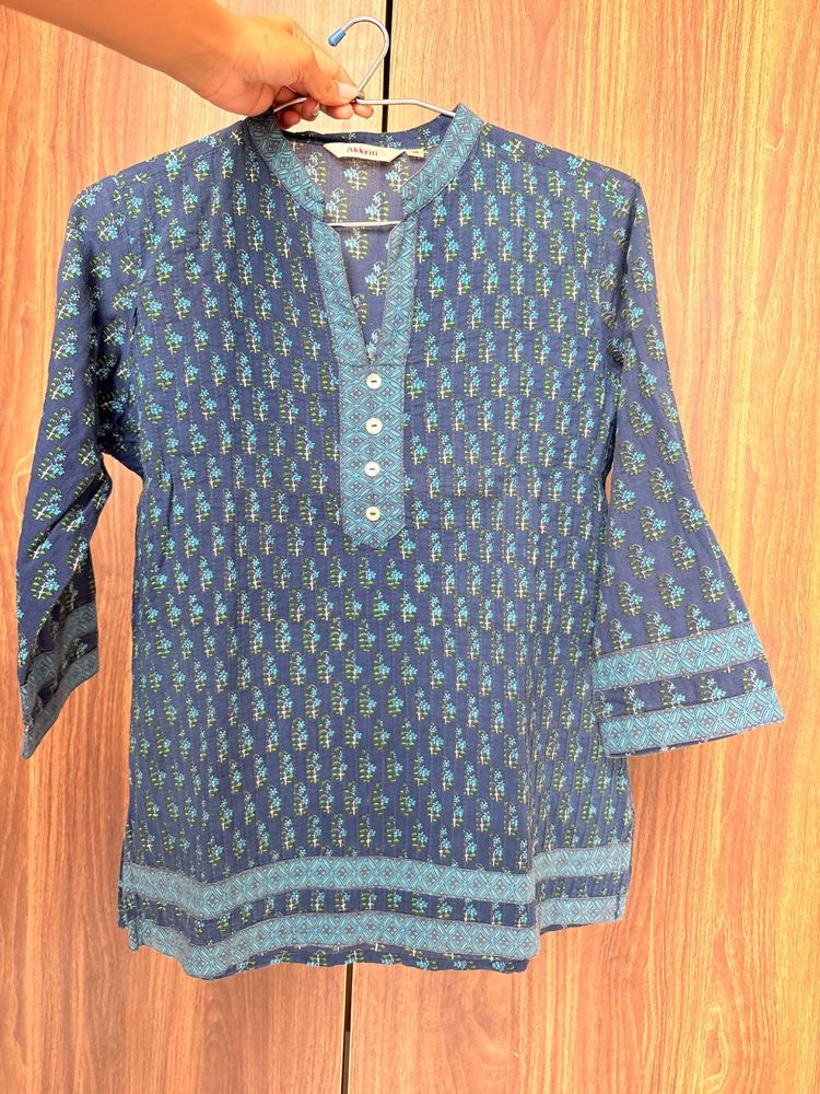 Blue Printed Cotton Kurta