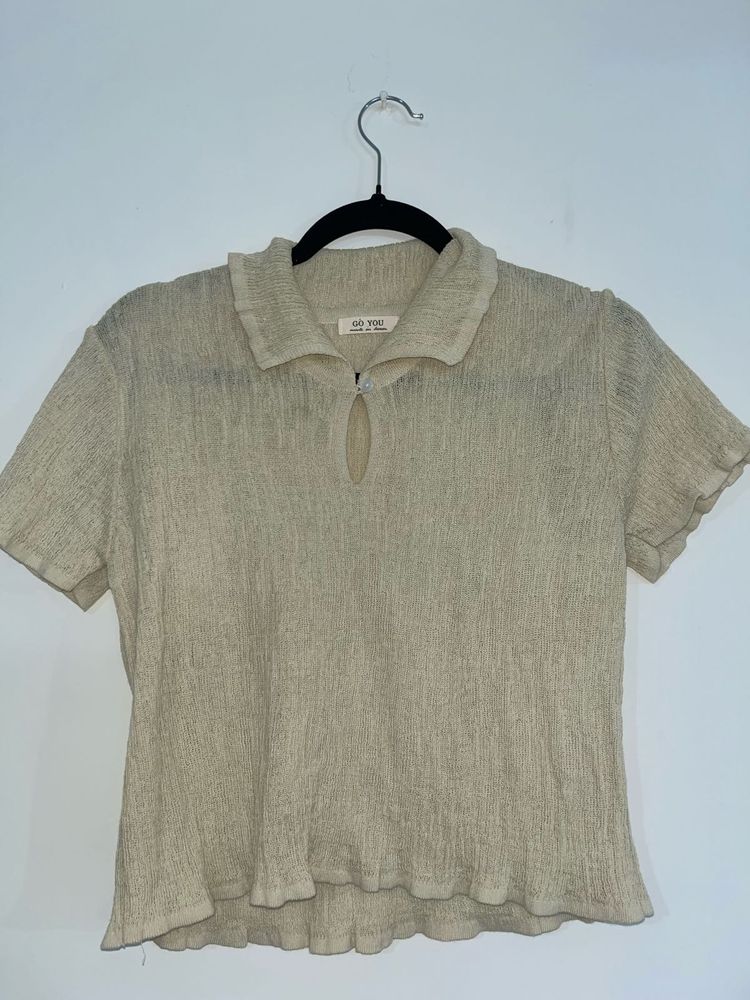 Textured Collared Short Sleeve Top