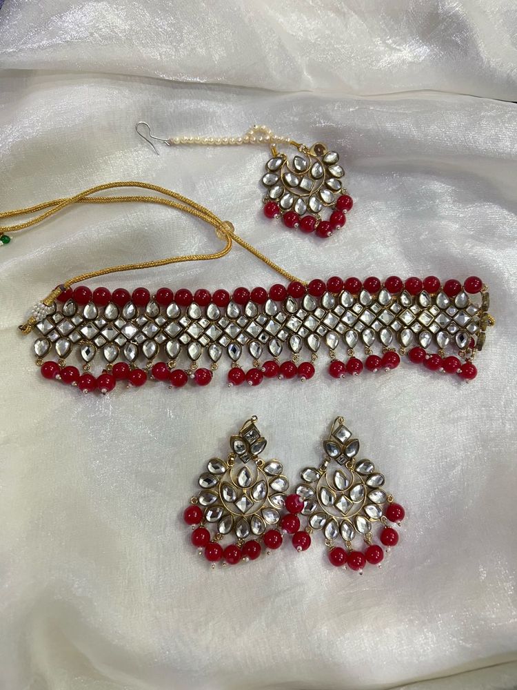 Red Kundan Necklace &amp; Earring Jewellery Set