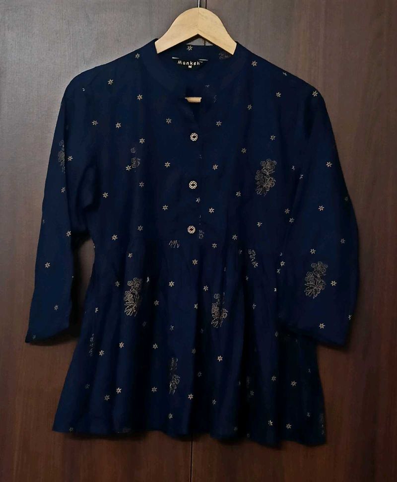 Elegant Navy Blue Kurta with Gold Print