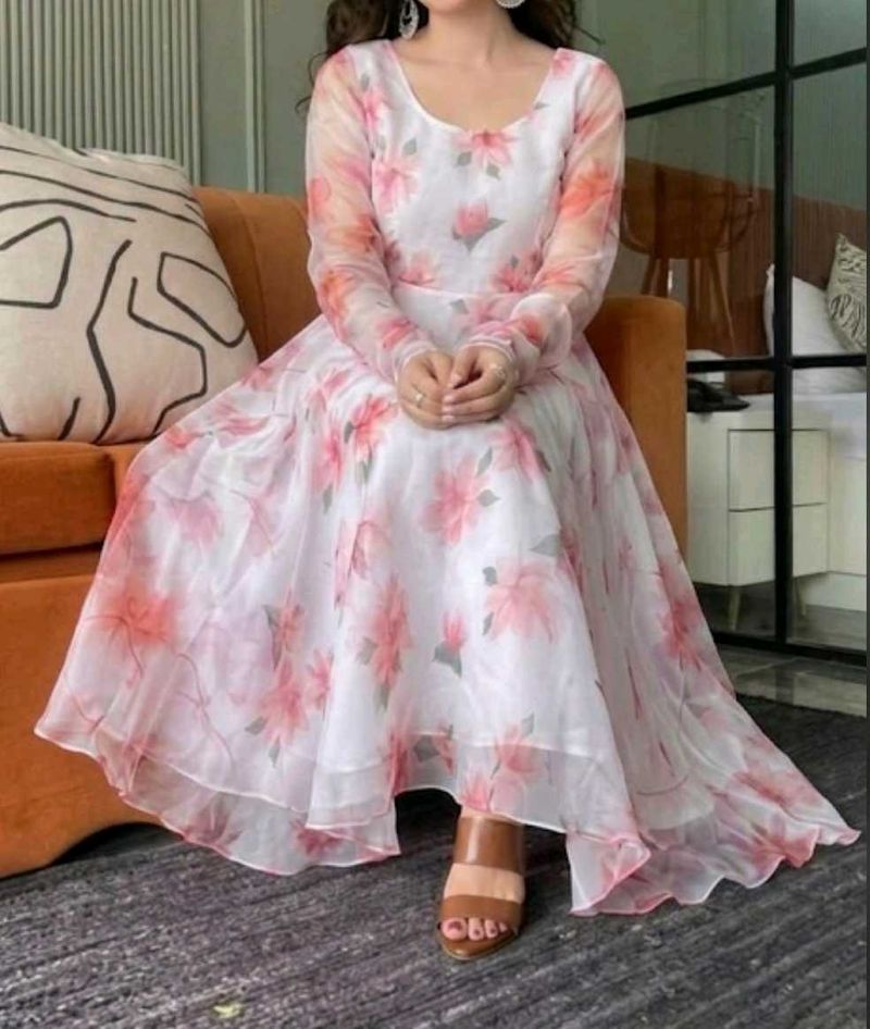 High Low Floral Print Organza Gown