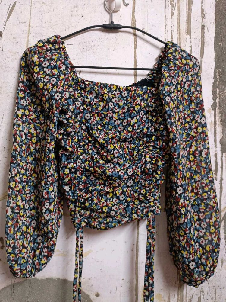 Chic Floral Ruched Square Neck Top