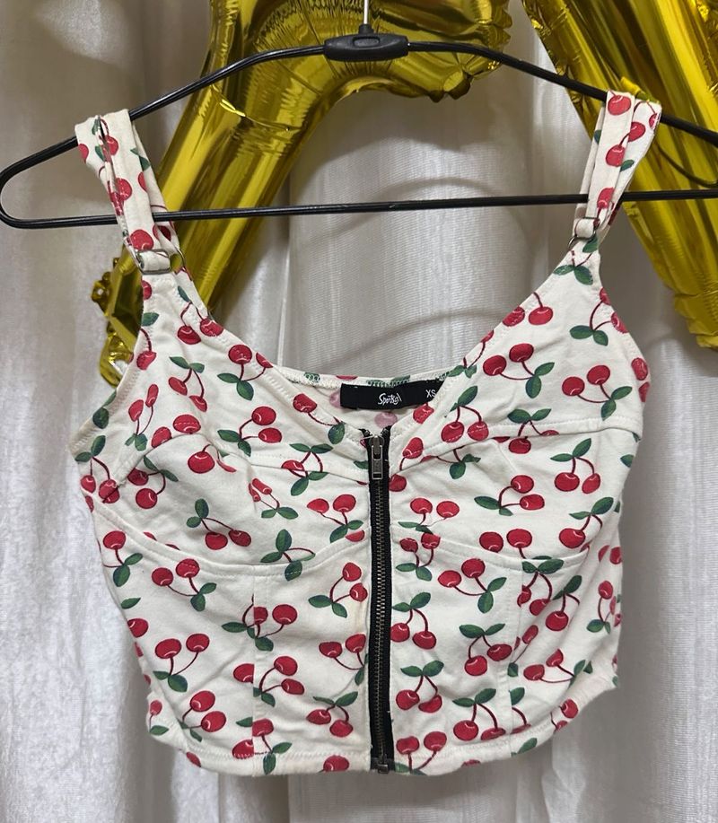 Smiffys Cherry Print Zip Corset Crop Top