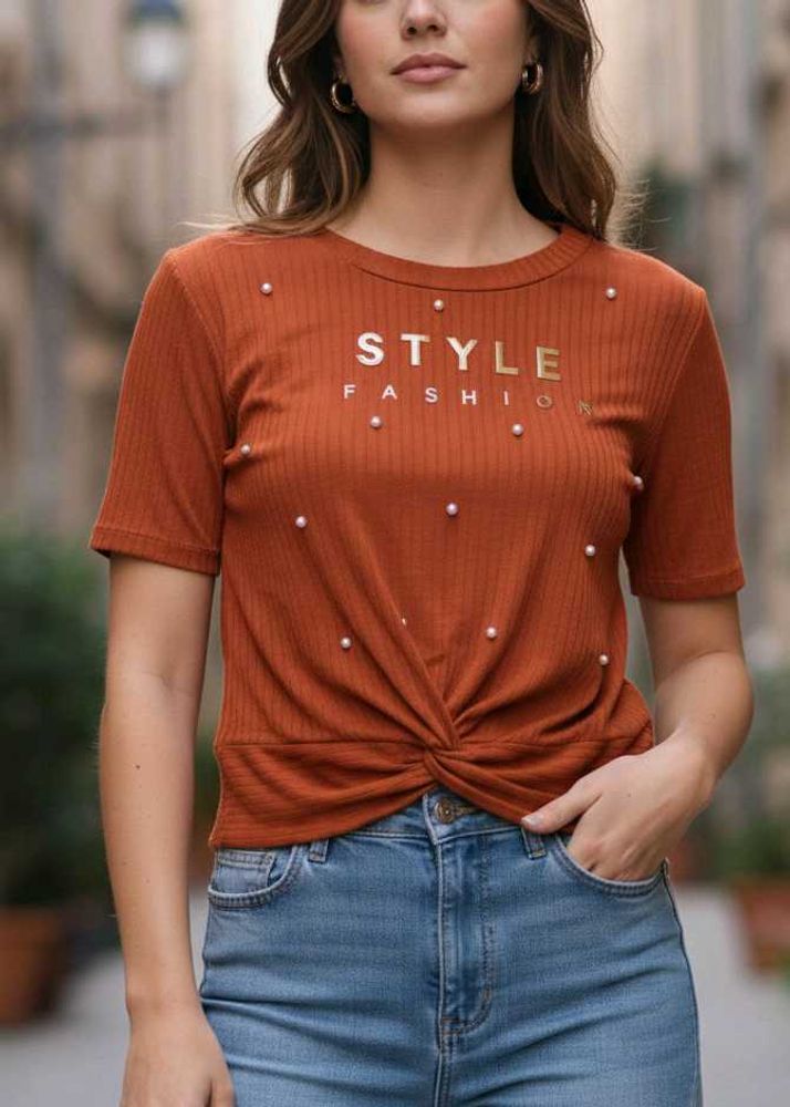 Stylish Rust-Colored Pearl T-Shirt