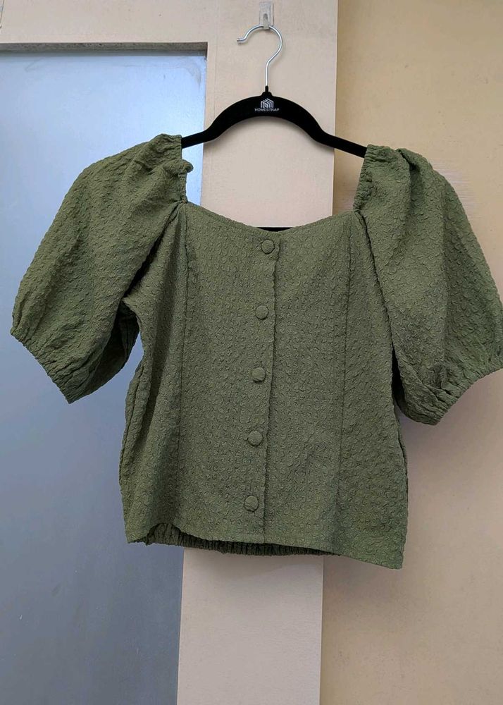 Olive Green Puff Sleeve Textured Top