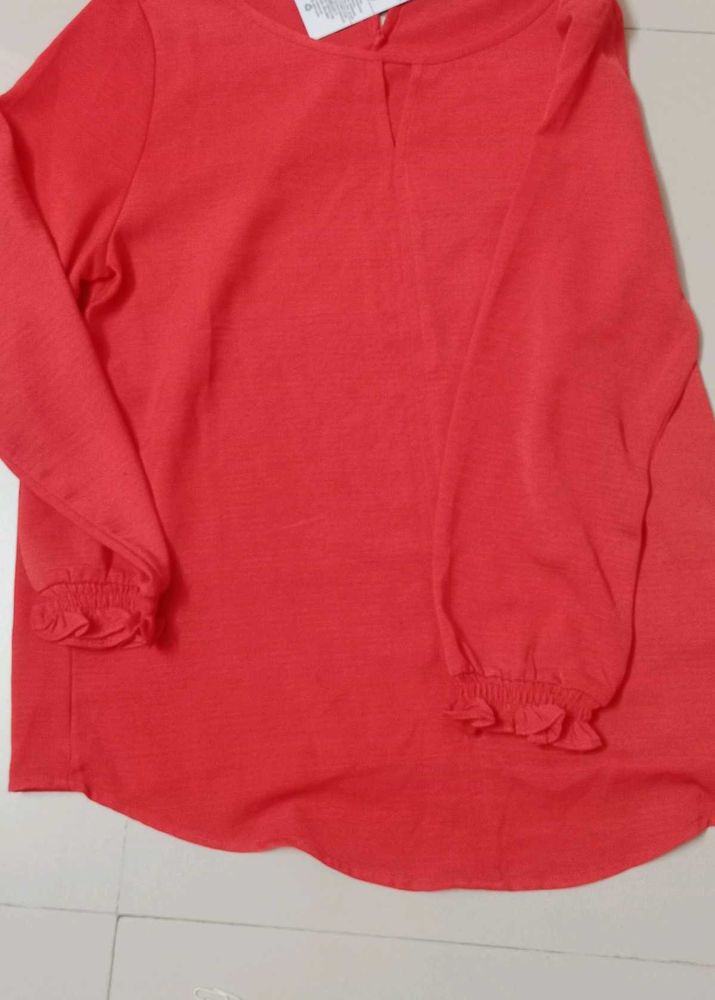 Coral Long Sleeve Top with Ruffled Cuffs