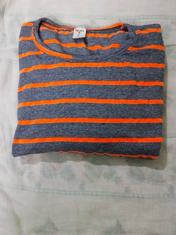 💖Gray and Orange Striped long T-Shirt💖