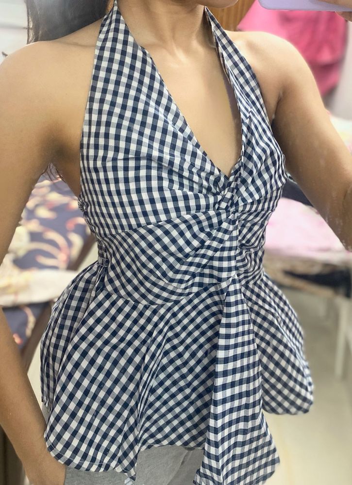 Black &amp; White Gingham Halter Neck Peplum Top