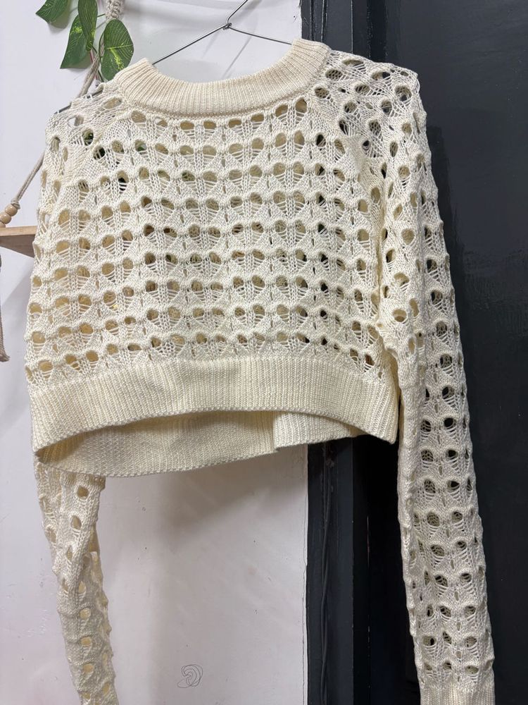 Cream Crochet Knit Sweater