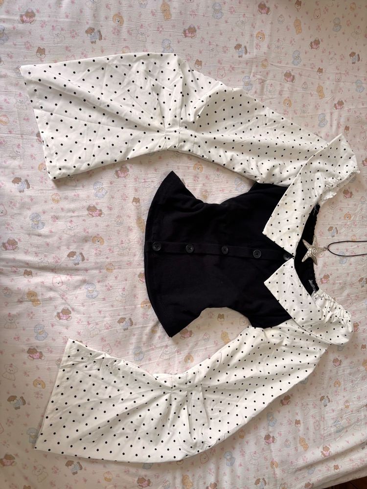 Black &amp; White Polka Dot Flare Sleeve Top