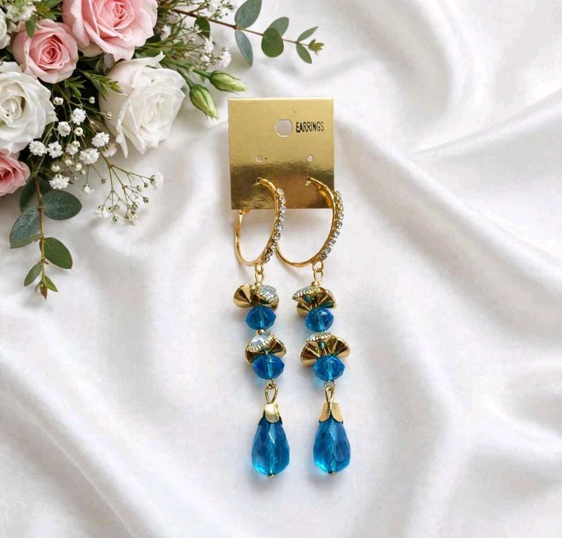 💖 Blue Crystal Drop Hoop Earrings - Designer Part