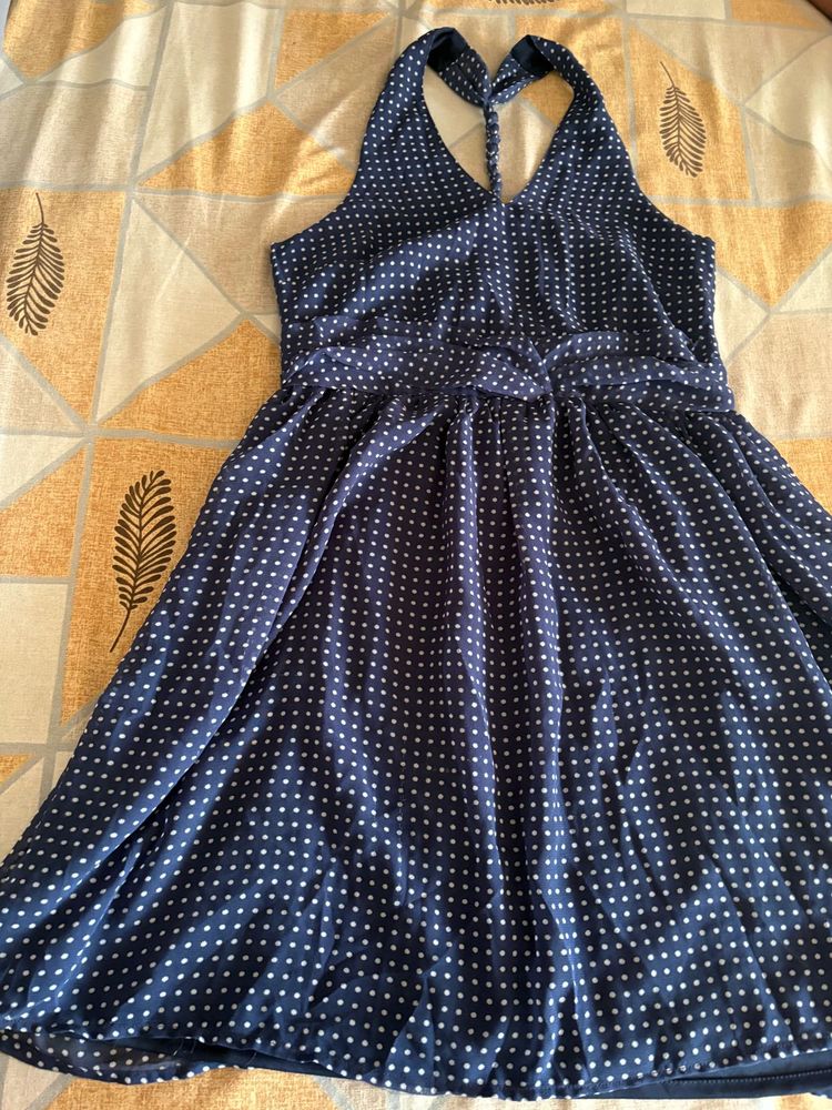 Beach wear, Navy Blue Polka Dot Halter Dress