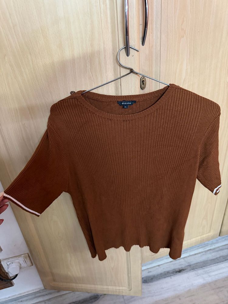 Brown Ribbed Knit Top