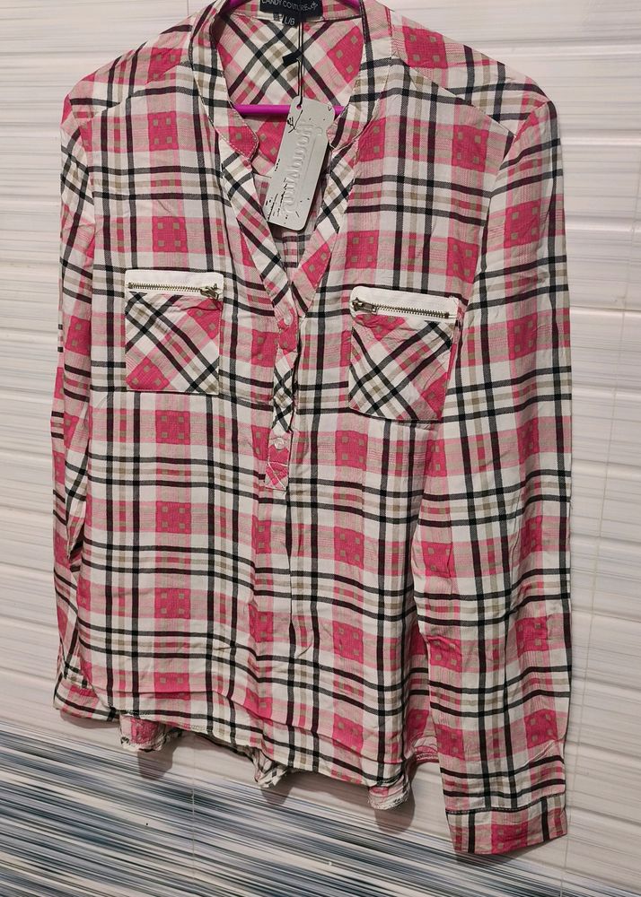 Red Checked Double Chain Pocket Western Women Cotton Top, Bust 40 XL