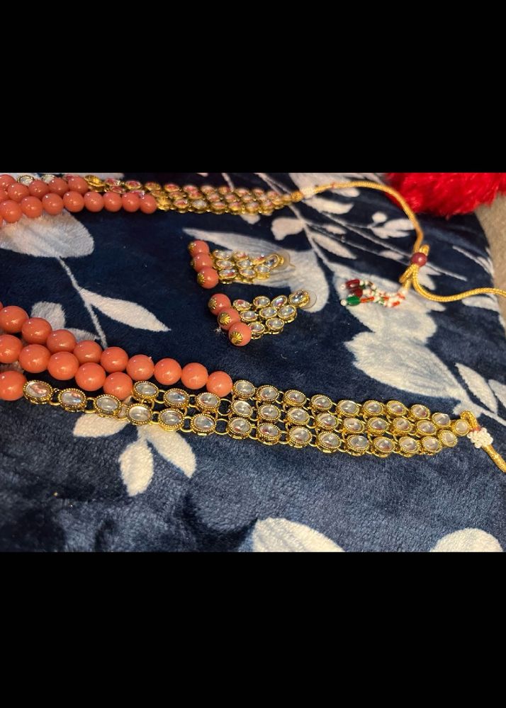 Stunning Peach Bead and Crystal Necklace Set