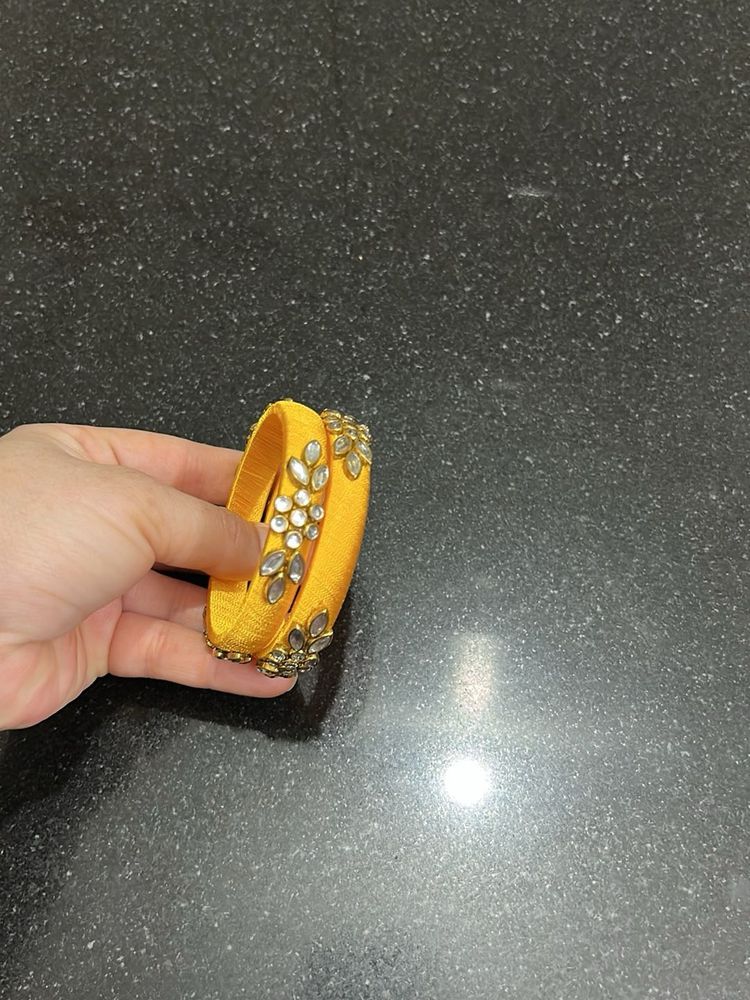 Yellow Silk Thread Bangles with Stones