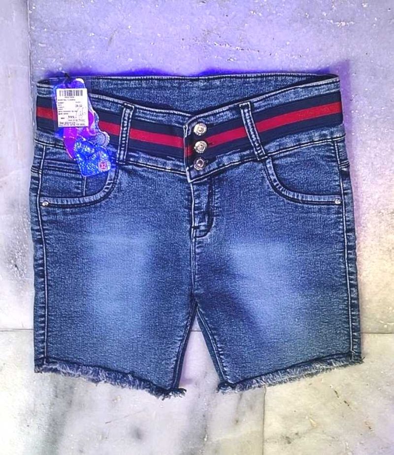 Blue Denim Shorts with Red Stripe Waistband