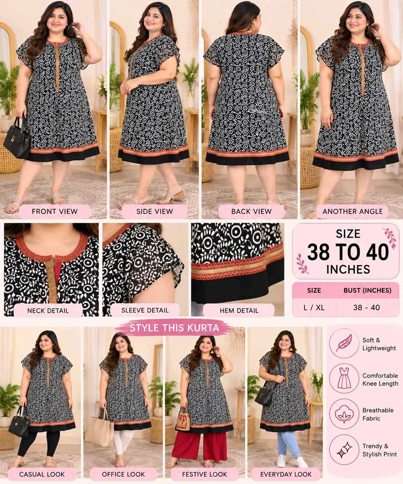 Stylish Black &amp; White Printed Kurta 38"-40"