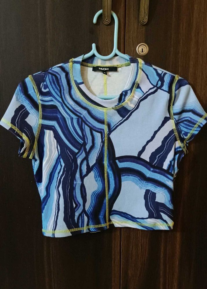 Blue Swirl Print Cropped Top