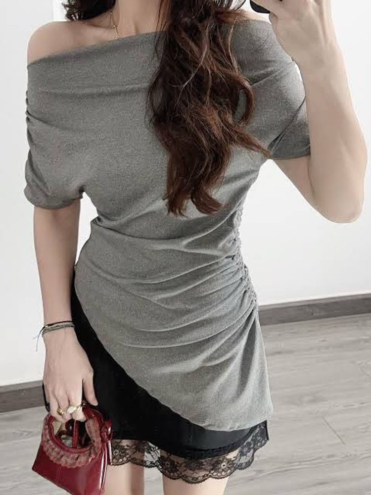 Grey Cotton Off-Shoulder Ruched Top
