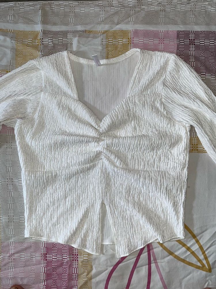 White Textured V-Neck Top