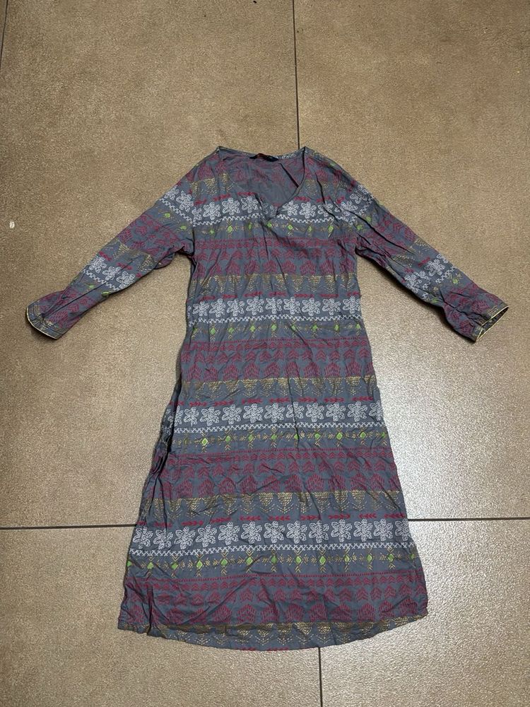 Grey Patterned Long Sleeve Dress