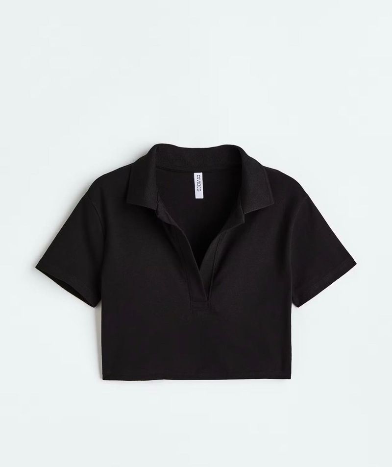 Chic Black Cropped Polo T-Shirt