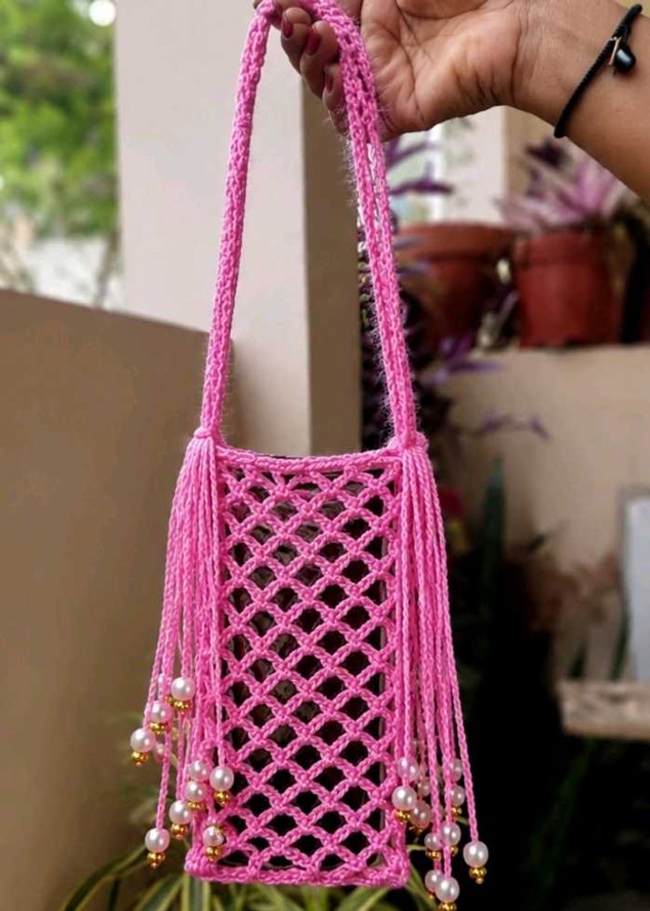 Pink Crochet Phone Bag with Pearls
