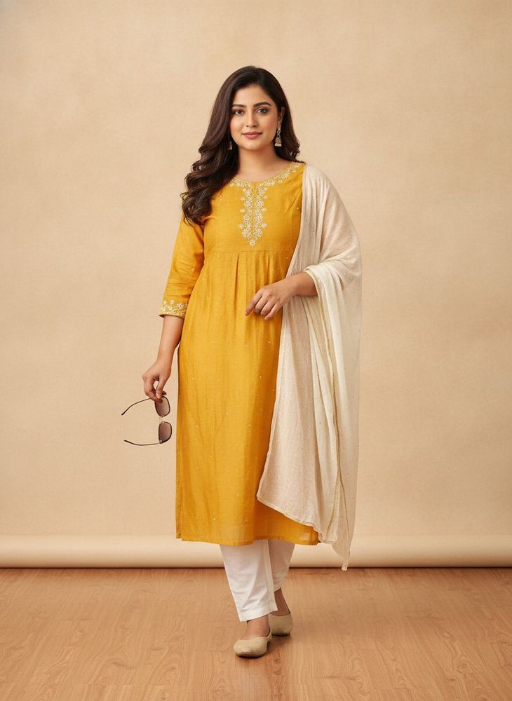 Melange Deep Yellow Chanderi Embroidered Kurta