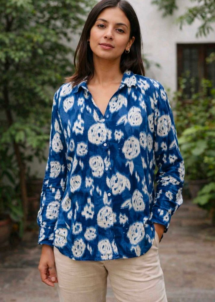 plus size Blue Floral Print Shirt