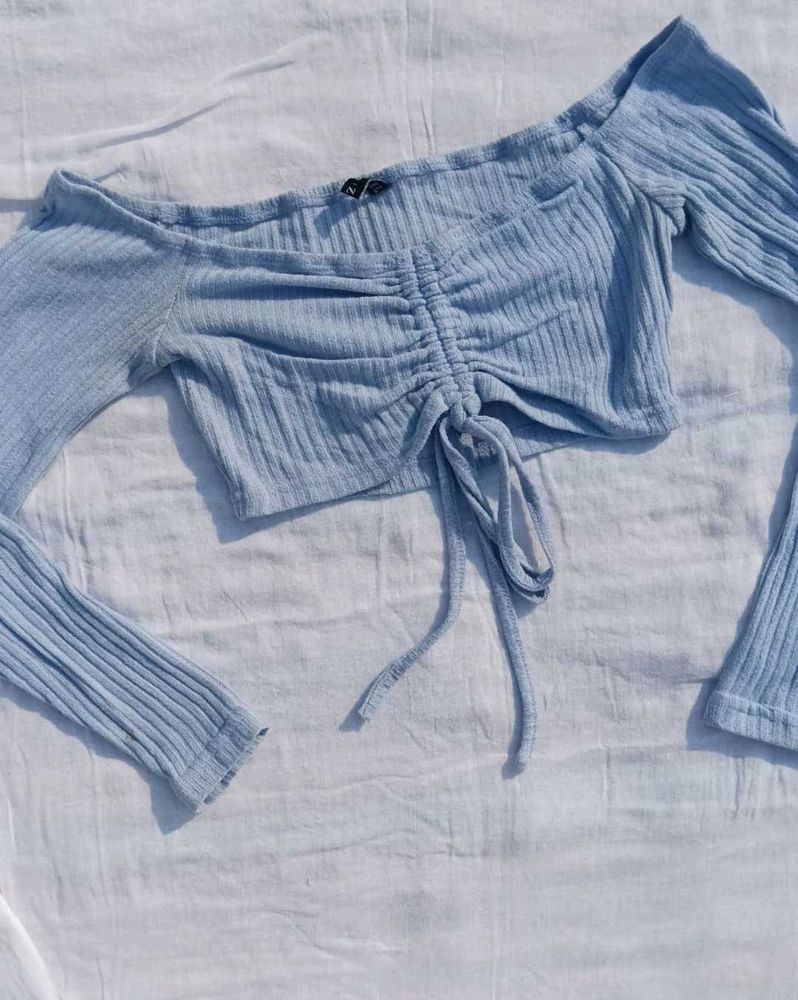 Blue Ruched Off-Shoulder Top