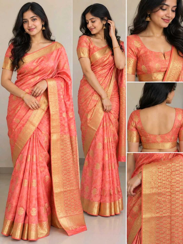 Elegant Peach Silk Saree with Gold Border