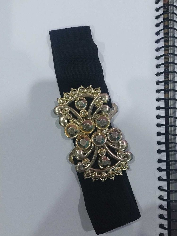 Elegant Black Elastic Belt with Ornate Buckle
