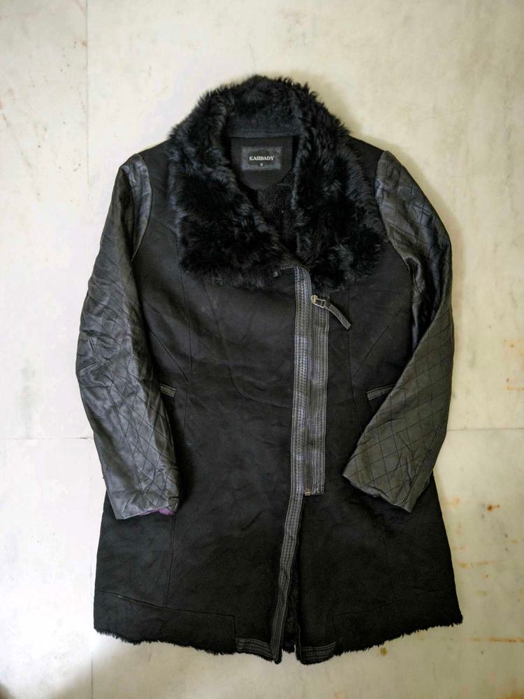 Black Leather, Suede Fur collar coat (negotiable)
