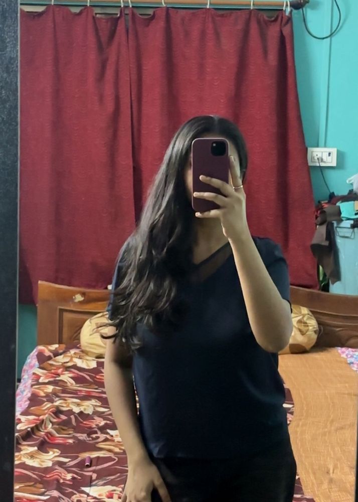Casual Navy Blue V-Neck Top