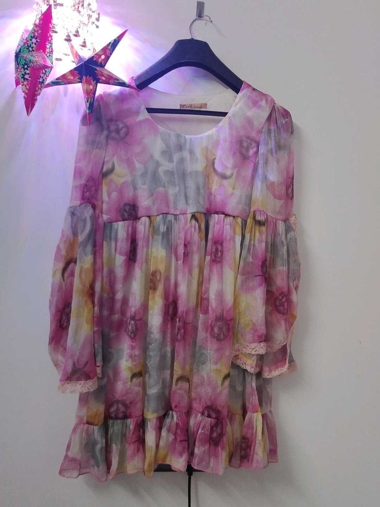 Floral Print shimmer Bell Sleeve Mini Dress