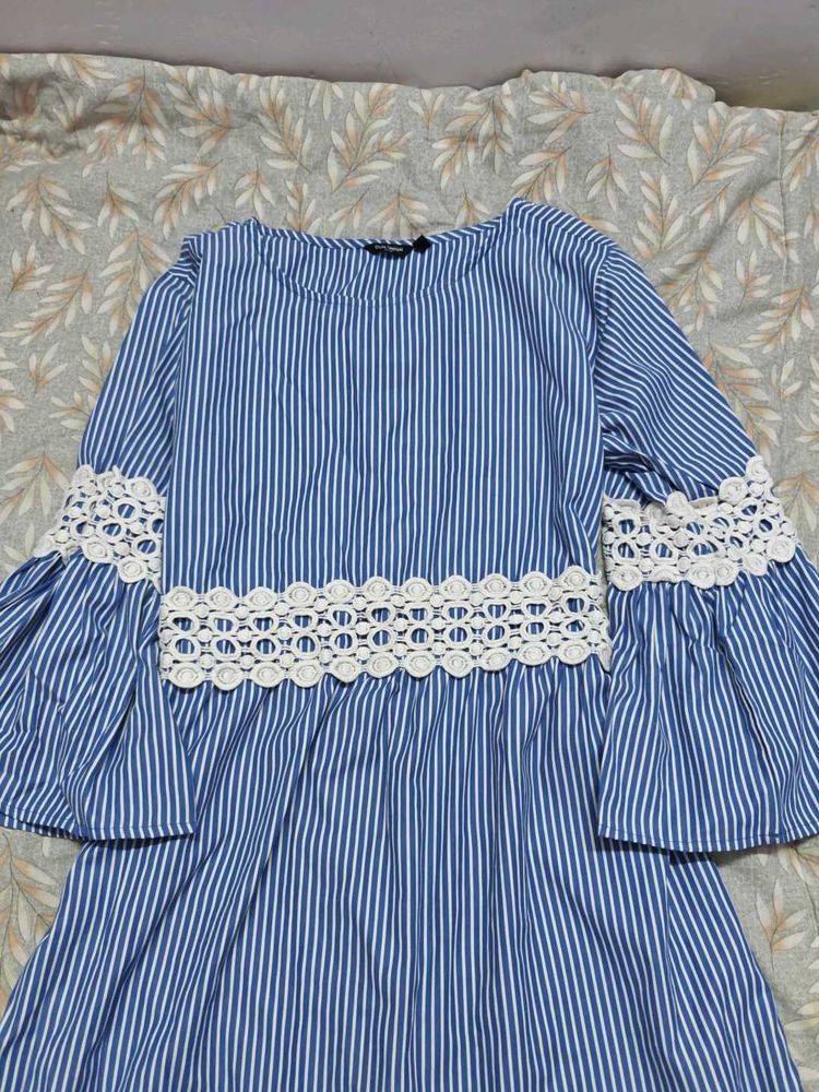 Striped Blue Dress with Lace Detail