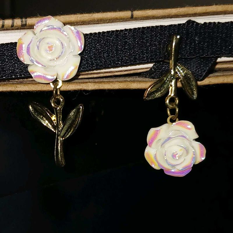 Iridescent White Rose Asymmetric Drop Earrings