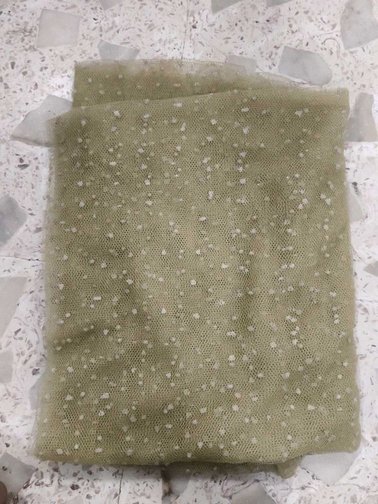 Olive Green Embellished Tulle Fabric