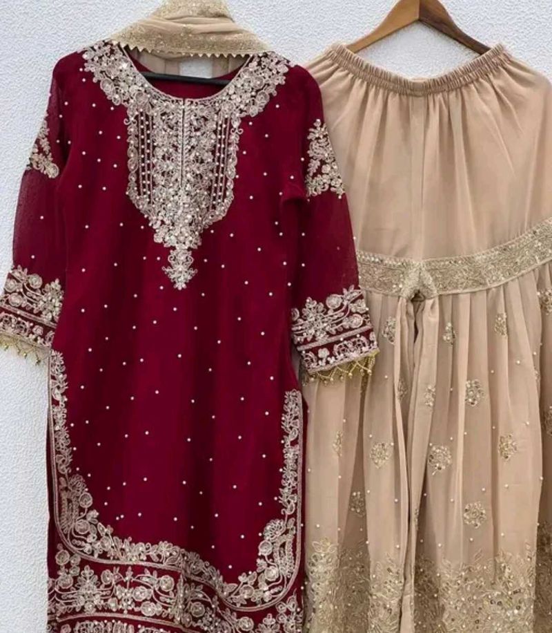 Maroon Kurta Set with Beige Palazzo