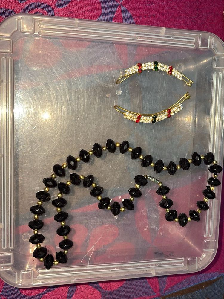 Elegant Black Beaded Necklace &amp; EAR  CUFF Set