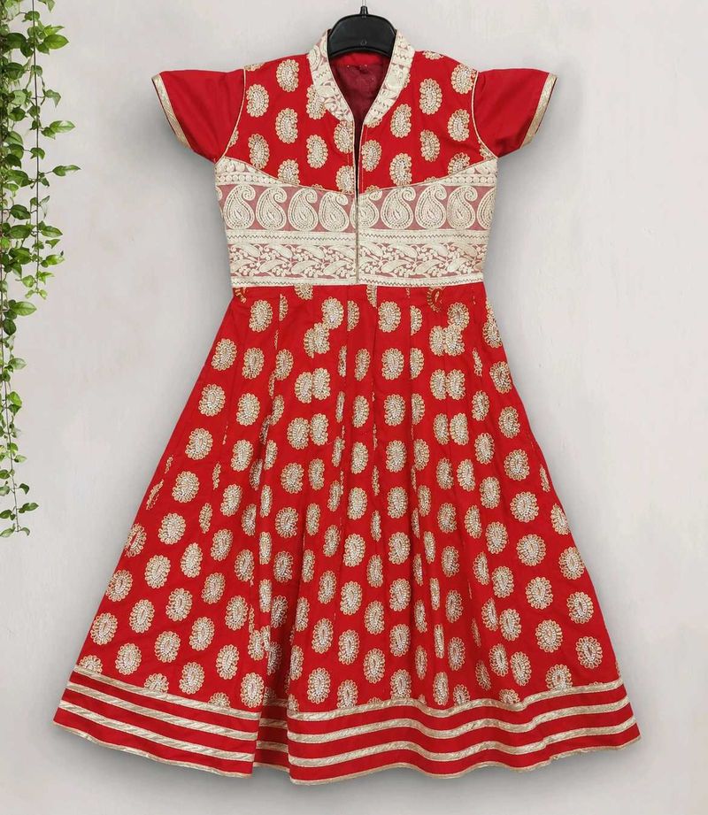 Red anarkali with White Embellishments