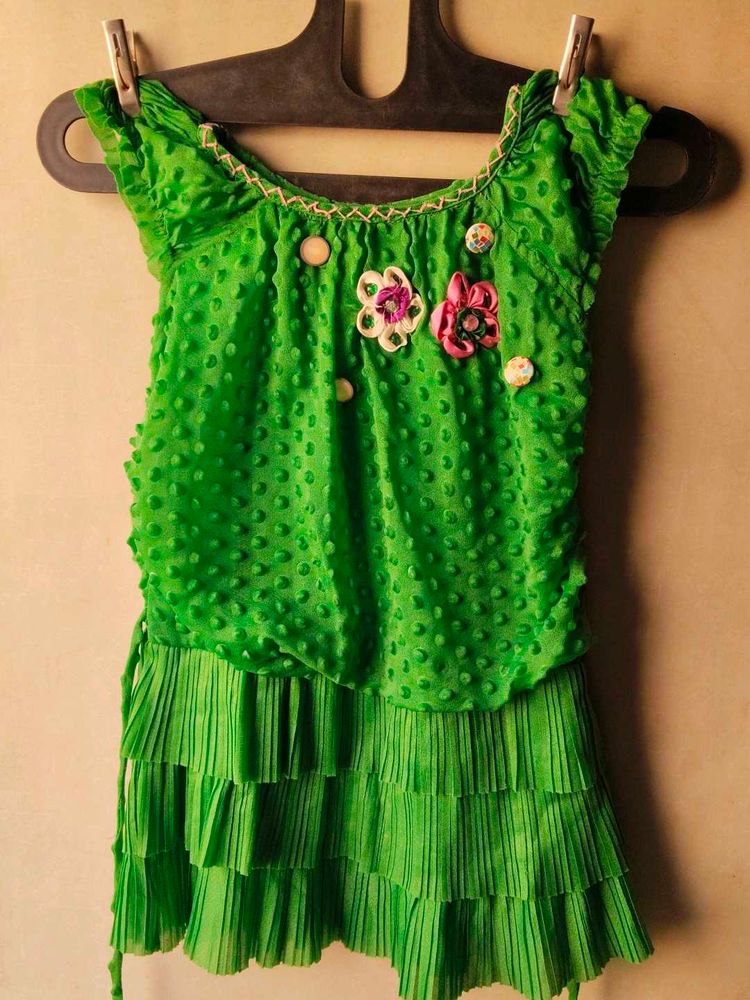 Vibrant Green Frock with Floral Embellishments