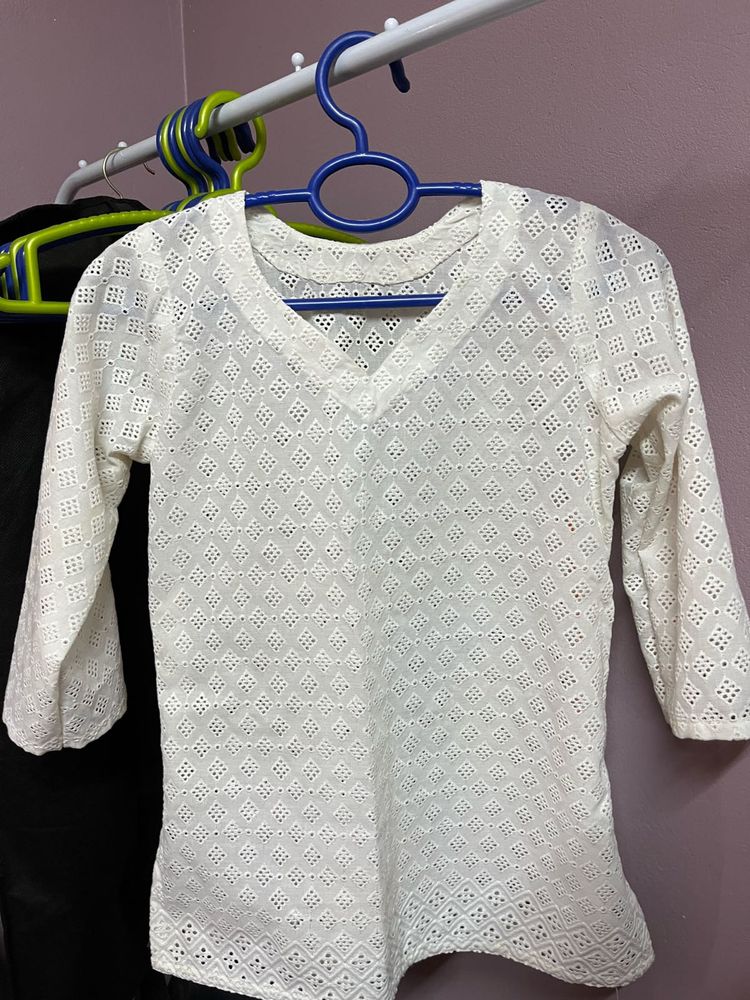 Elegant White Eyelet Kurta Top