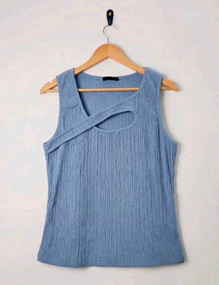 Stylish Blue Crinkle Cut-Out Tank Top