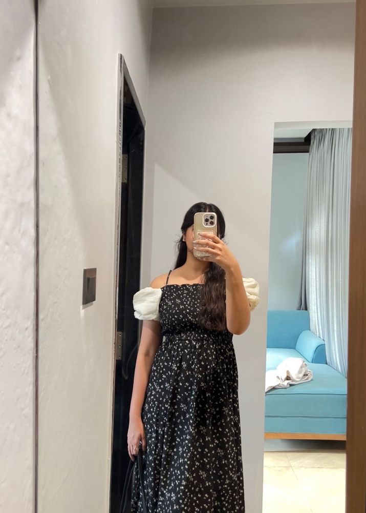 Black floral print midi dress